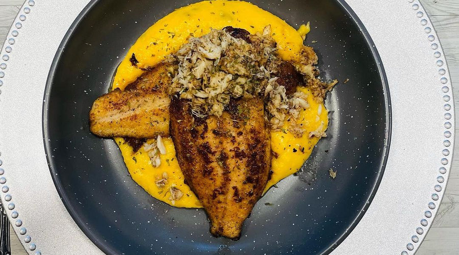Pan Seared Catfish over Popcorn Grits Topped With Brown Butter Blue Crab - Chef John Reason